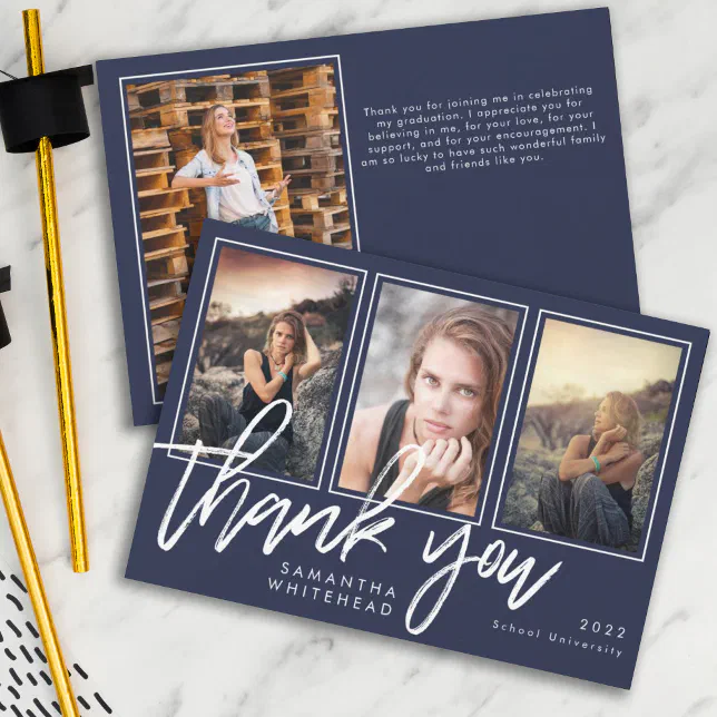 Modern Graduation Photo Collage Navy Blue Thank You Card | Zazzle