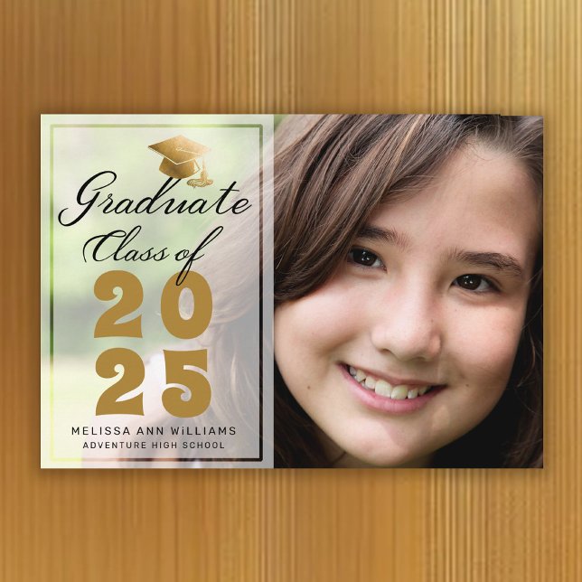 Modern Graduation Photo Gold Black Script 2025 Announcement (2025 Photo Graduation Announcement with Gold text)