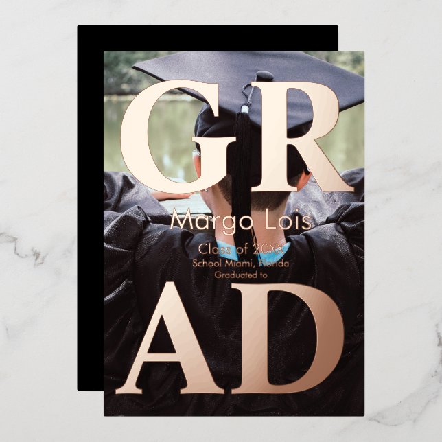 Modern Graduation Photo Gold Bold Pressed  Foil Invitation (Front/Back)