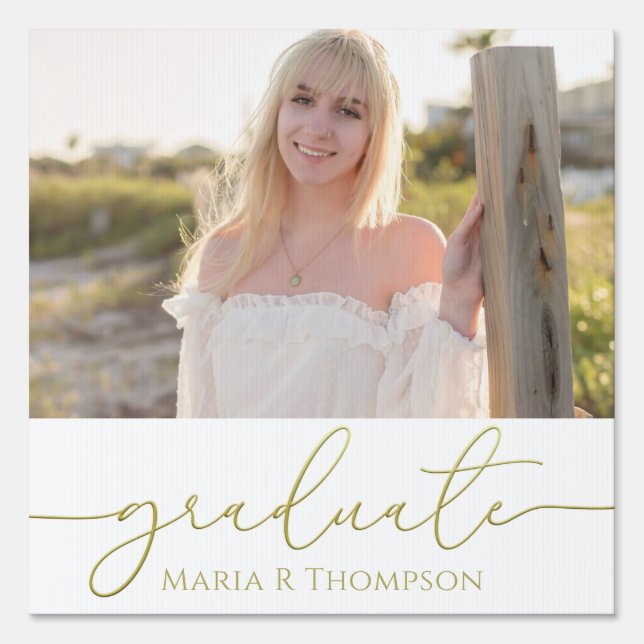 Modern Graduation Photo Minimalist Gold Script Sign (Front)