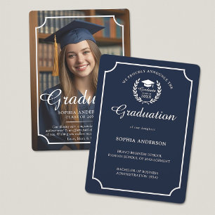 Modern Graduation Photo Navy Blue Announcement