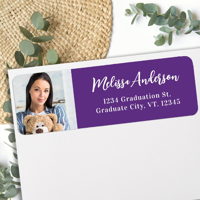 Modern Graduation Photo Purple Return Address Label (Creator Uploaded)