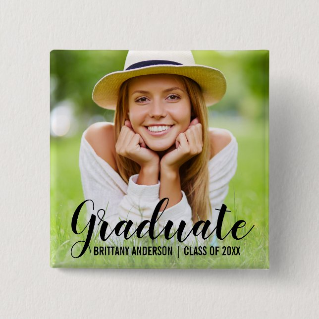 Modern Graduation Photo Script Button Blk (Front)
