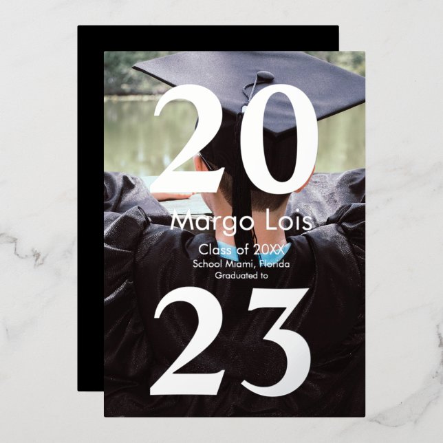 Modern Graduation Photo Silver Bold Pressed  Foil Invitation (Front/Back)