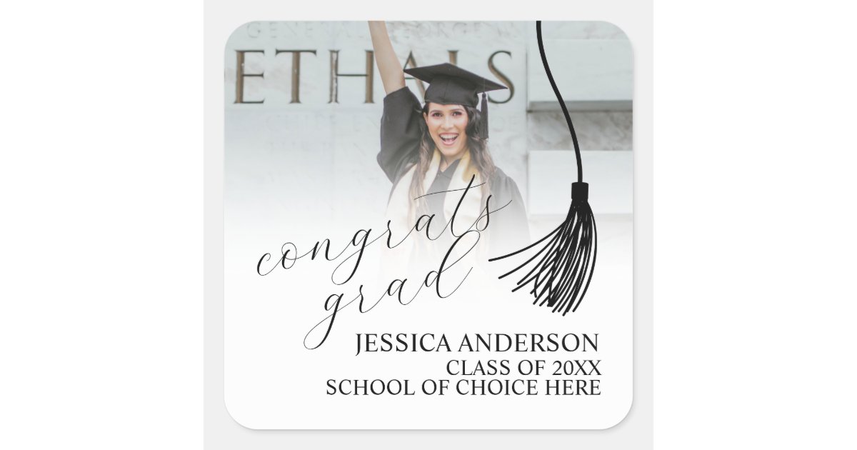 Graduate Photo Sticker Modern Graduation Photo Square Sticker | Zazzle
