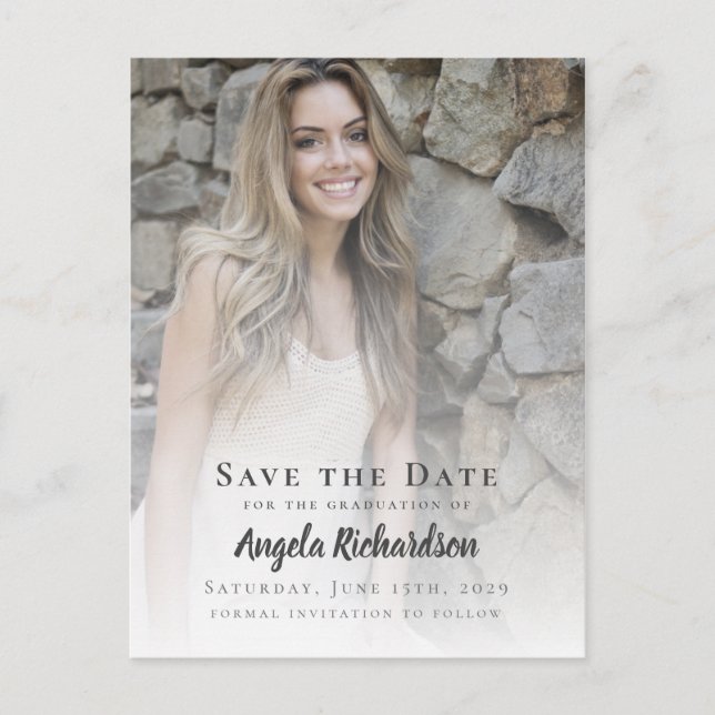 Modern Graduation Photo Typography Save the Date Invitation Postcard (Front)