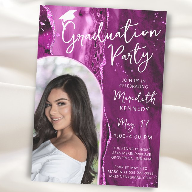 Modern Graduation Pink Magenta Glitter Chic Script Invitation (Creator Uploaded)