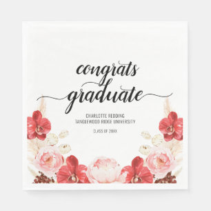 Modern Graduation Pink Red Floral Script Napkins