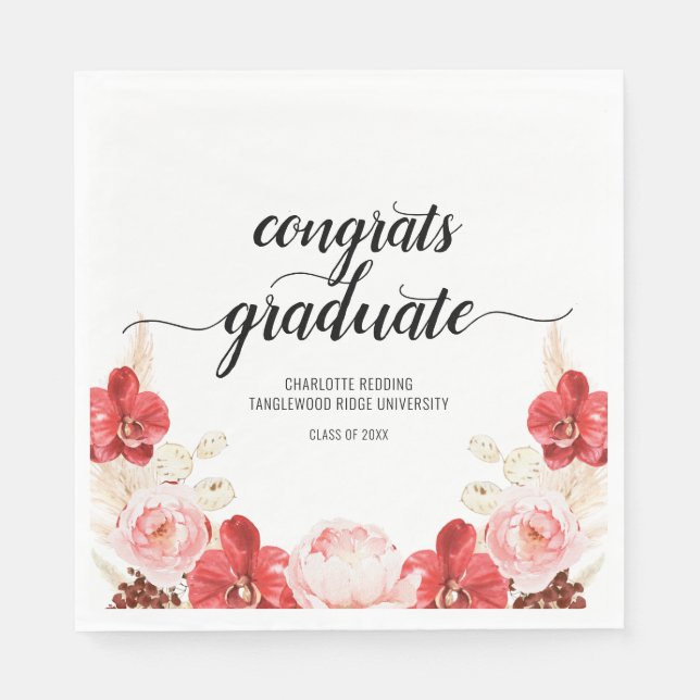 Modern Graduation Pink Red Floral Script Napkins (Front)