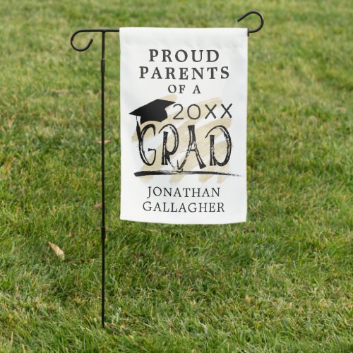 Modern Graduation Proud Parents of Grad Black Gold Garden Flag