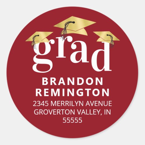 Modern Graduation Red Gold Cap Return Address Classic Round Sticker