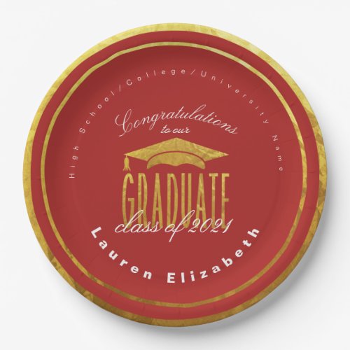 Modern Graduation Red Gold Faux Foil Paper Plate