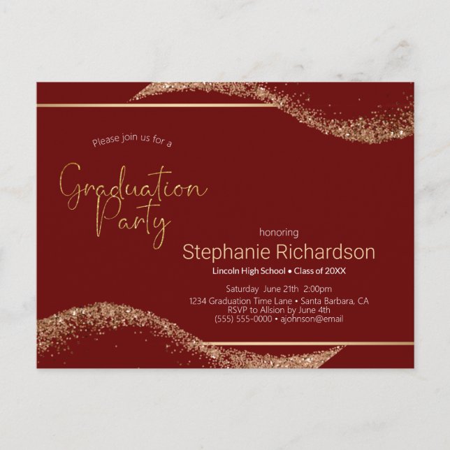 Modern Graduation Red Gold Glitter Postcard (Front)