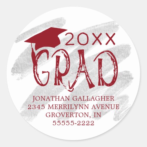 Modern Graduation Red Silver GRAD Return Address Classic Round Sticker