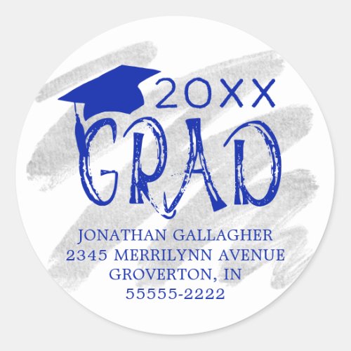 Modern Graduation Royal Blue GRAD Return Address Classic Round Sticker