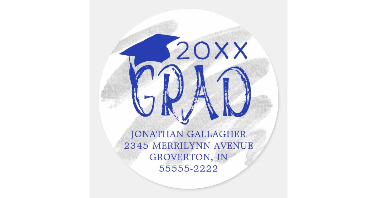 Modern Graduation Royal Blue GRAD Return Address Classic Round Sticker ...