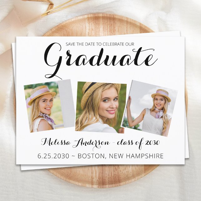 Modern Graduation Save The Date Graduate 3 Photo Announcement Postcard (Creator Uploaded)