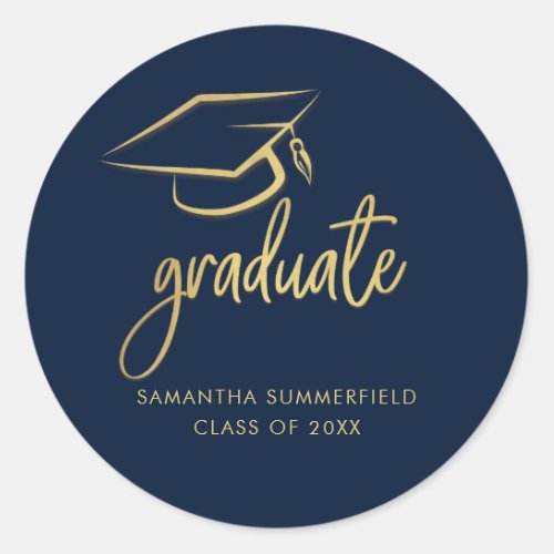 Modern Graduation Script 2024 Grad Cap Navy Blue Classic Round Sticker