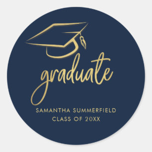 Modern Graduation Script 2026 Grad Cap Navy Blue Classic Round Sticker