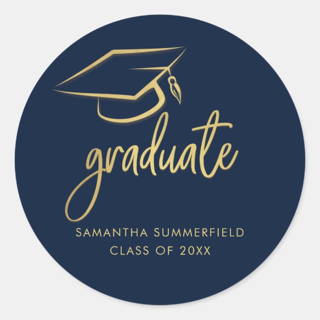 Modern Graduation Script 2026 Grad Cap Navy Blue Classic Round Sticker (Front)