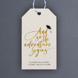 Modern Graduation Script Calligraphy Congrats Grad Gift Tags<br><div class="desc">And so the adventure begins! Modern graduation celebration gift tag with an elegant script calligraphy design,  a soaring grad cap and your custom text message of congratulations to the graduate below.  This is the gold color version with a black back.</div>