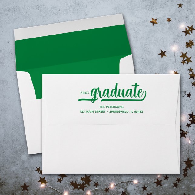 Modern Graduation Script Green Lined Envelope (Printed green lining, these envelopes have FREE return address and graduate script on the back)