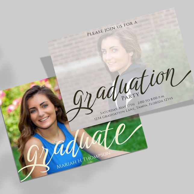 Modern Graduation Script Photo Design Invitation (Stylish graduation photo invitation with minimal script text.)