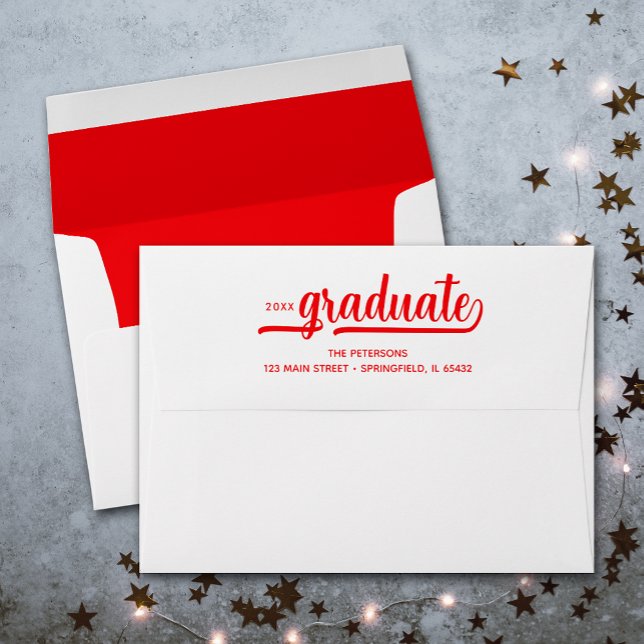 Modern Graduation Script Red Lined Envelope (Printed red lining, these envelopes have FREE return address and graduate script on the back)