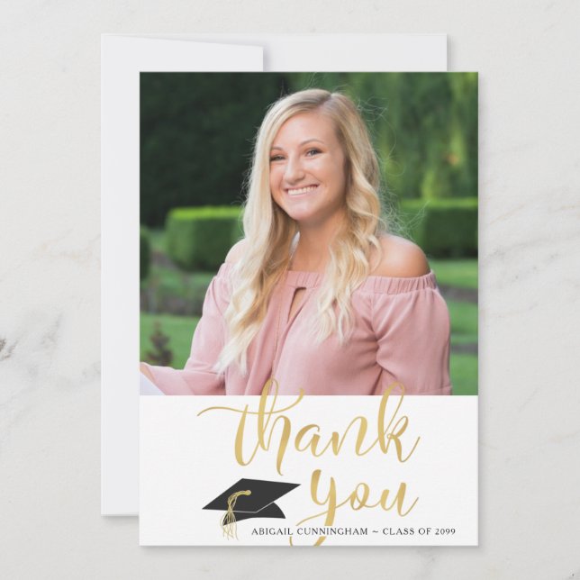 Modern Graduation Thank You Script Photo Faux Gold Card (Front)