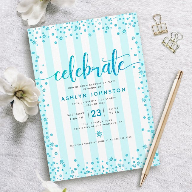 Modern graduation turquoise glitter script stripes invitation (Creator Uploaded)