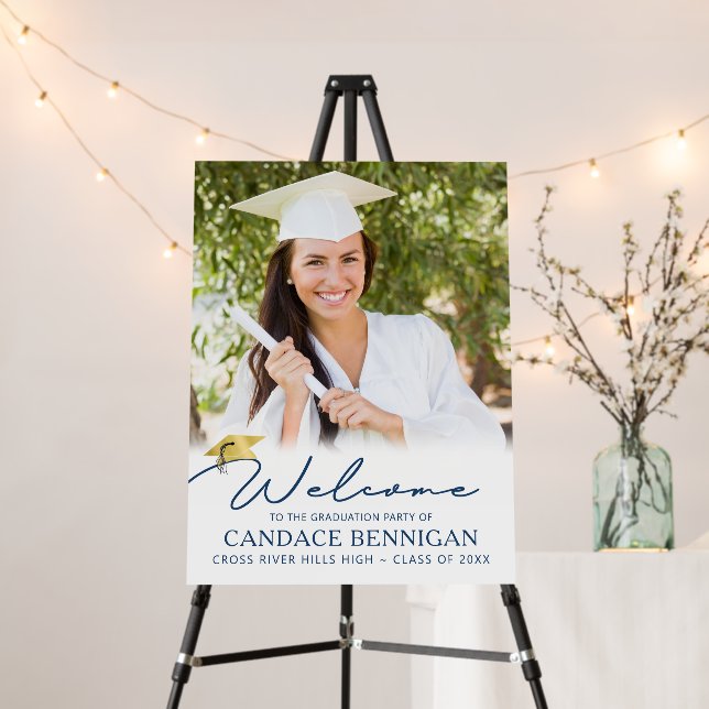 Modern Graduation Welcome Photo Blue Script Foam Board (In Situ (Stand))