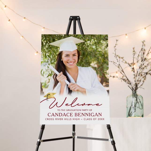 Modern Graduation Welcome Photo Red Script Foam Board (In Situ (Stand))