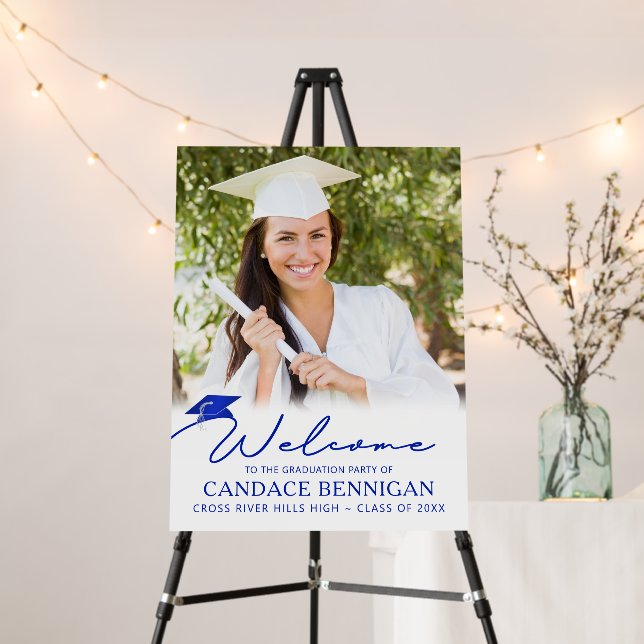 Modern Graduation Welcome Photo Royal Blue Script Foam Board (In Situ (Stand))
