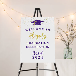 Modern Graduation Welcome Purple Gold Cap Name Foam Board