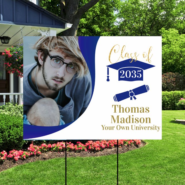 Modern Graduation White Blue Wave Yard Sign (Creator Uploaded)
