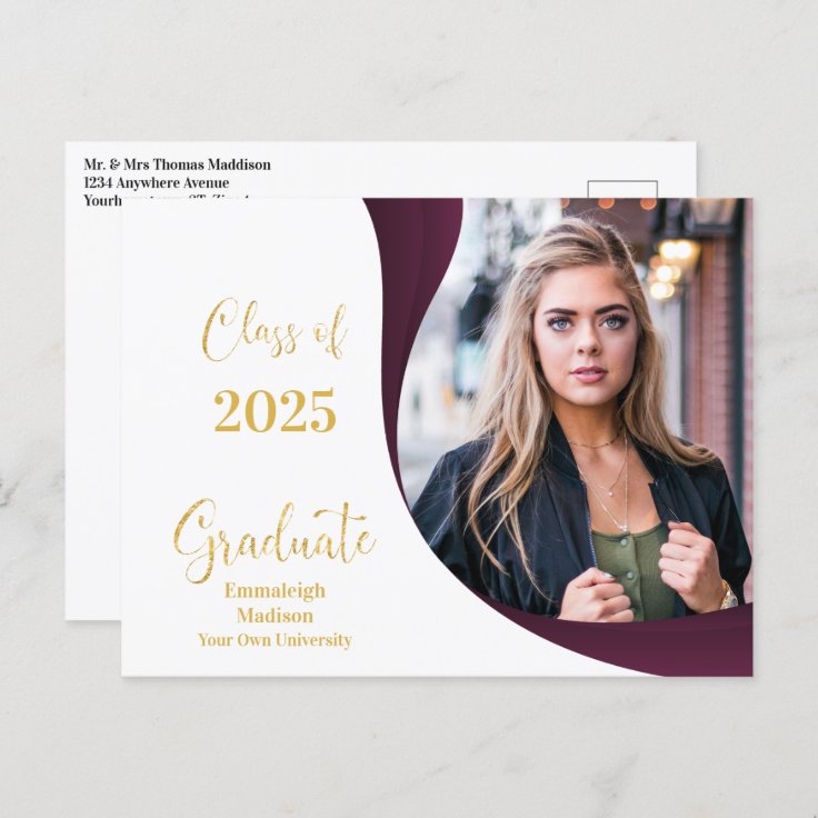 Modern Graduation White/Maroon Wave Photo Announcement Postcard | Zazzle