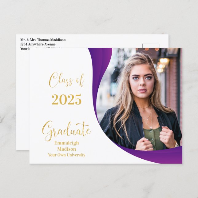 Modern Graduation White/Purple Wave Photo Announcement Postcard (Front/Back)