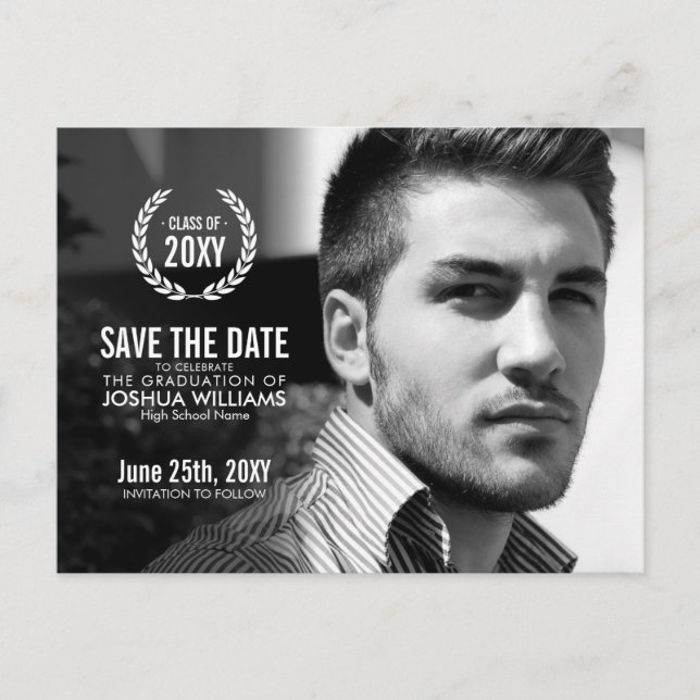 Modern Graduation Wreath Photo Save the Date Announcement Postcard (Front)