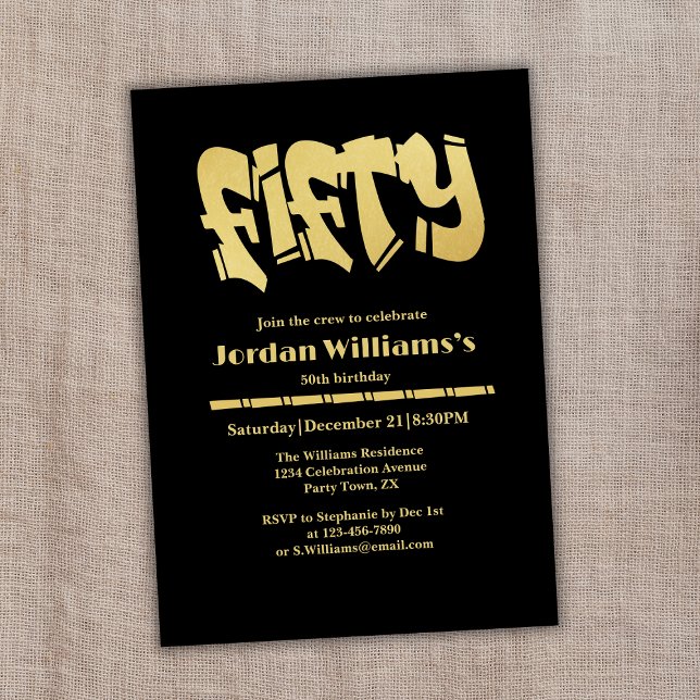 Modern Graffiti Black Gold Men's 50th Birthday Invitation (Creator Uploaded)