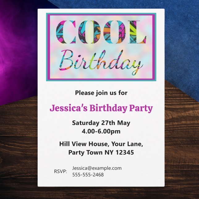 Modern Graffiti Bright Colorful Cool Birthday Invitation (A custom birthday party invitation, with graffiti style background within the words 'cool birthday')