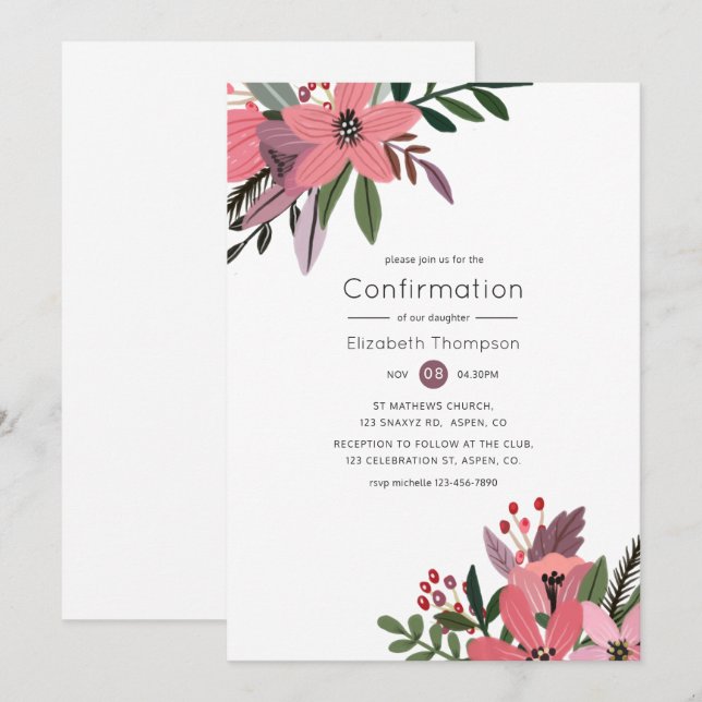 Modern Grandeur Plum and Pink Floral Confirmation Invitation (Front/Back)