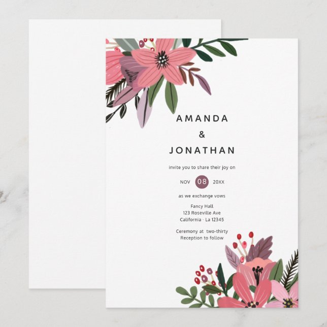 Modern Grandeur Plum and Pink Floral Wedding Invitation (Front/Back)
