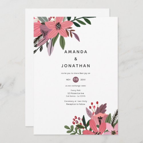 Modern Grandeur Plum and Pink Floral Wedding Invitation