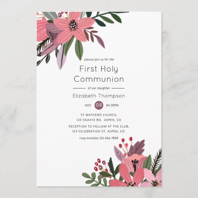 Modern Grandeur Plum & Pink Floral Holy Communion Invitation (Front)