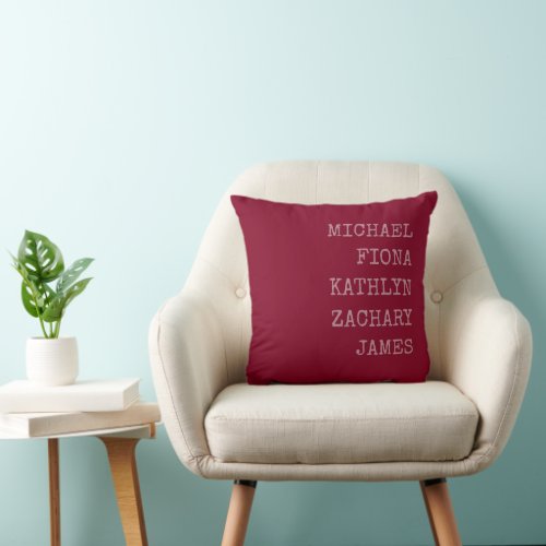 Modern Grandkids Names Burgundy Deep Red Throw Pillow