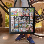 Modern Grandma 21 Photo Collage Custom Colors Tote Bag<br><div class="desc">Easily create a modern photo memories keepsake tote bag for a grandmother utilizing this easy-to-upload photo collage template with 21 pictures of her grandchildren in various sizes and shapes in your choice of title and background colors (shown in white on black). Makes a meaningful gift for grandma's birthday, Grandparents Day,...</div>