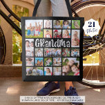 Modern Grandma 21 Photo Collage Custom Colors Tote Bag<br><div class="desc">Easily create a modern photo memories keepsake tote bag for a grandmother utilizing this easy-to-upload photo collage template with 21 pictures of her grandchildren in various sizes and shapes in your choice of title and background colors (shown in white on black). Makes a meaningful gift for grandma's birthday, Grandparents Day,...</div>
