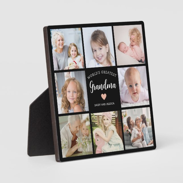 Modern Grandma 8 Photo Collage Black and White Plaque (Front)