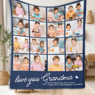Modern Grandma Custom Navy Blue 16 Photo Collage  Fleece Blanket