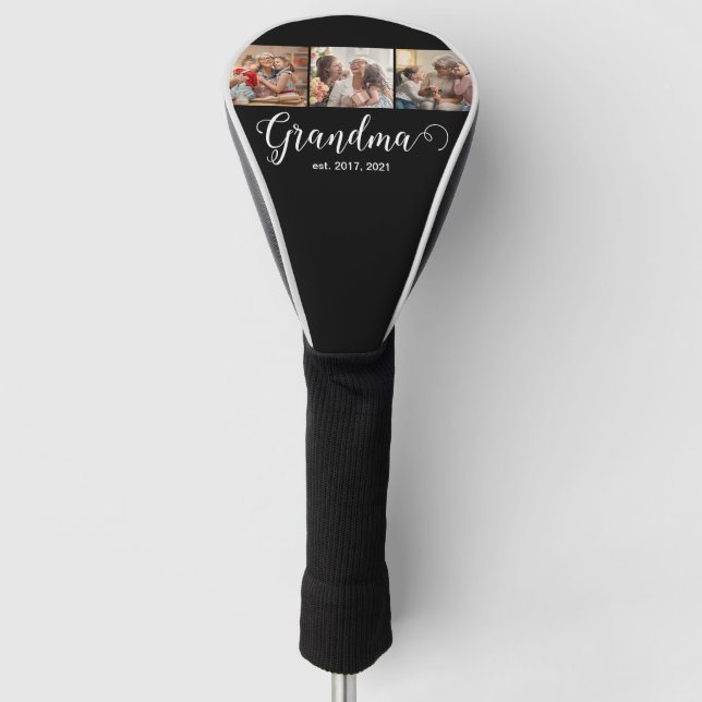 Modern Grandma Established 3 Photo White Script Golf Head Cover (Front)